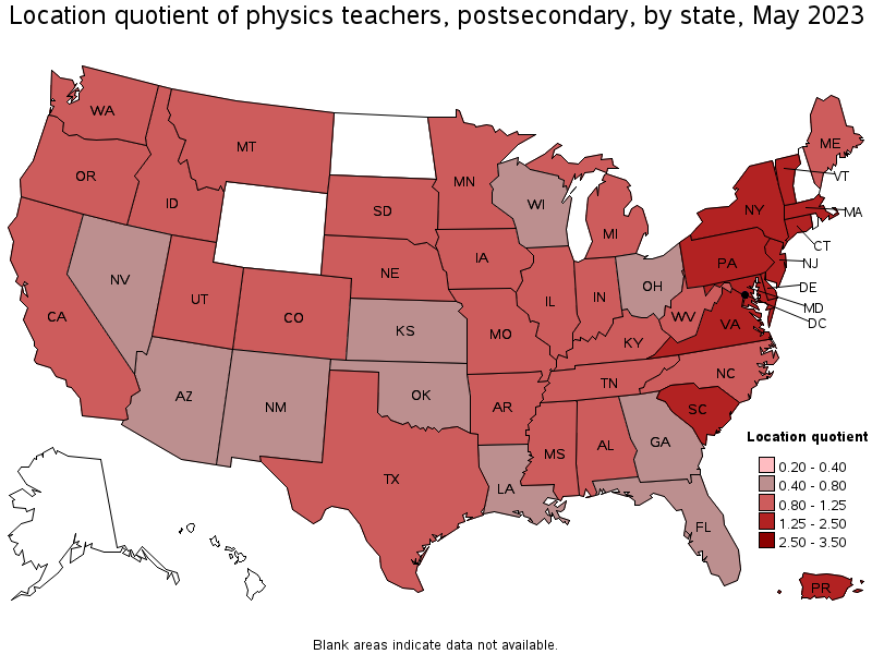 Map of location quotient of physics teachers, postsecondary by state, May 2023