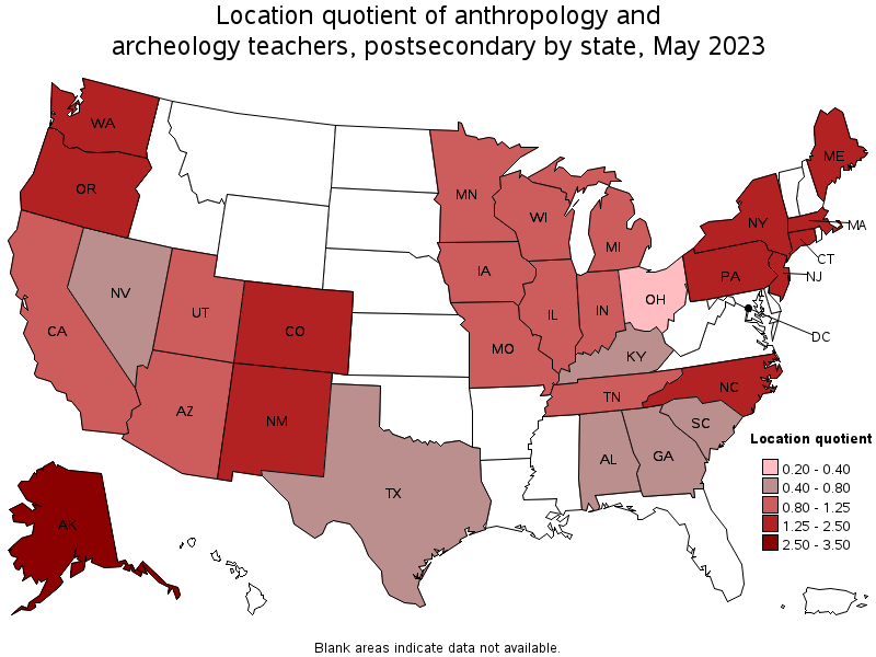 Map of location quotient of anthropology and archeology teachers, postsecondary by state, May 2023