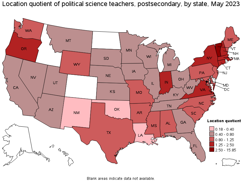 Map of location quotient of political science teachers, postsecondary by state, May 2023