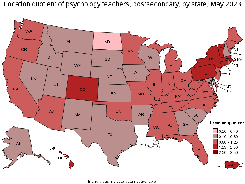Map of location quotient of psychology teachers, postsecondary by state, May 2023