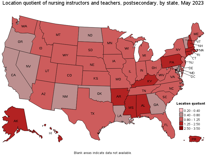 Map of location quotient of nursing instructors and teachers, postsecondary by state, May 2023