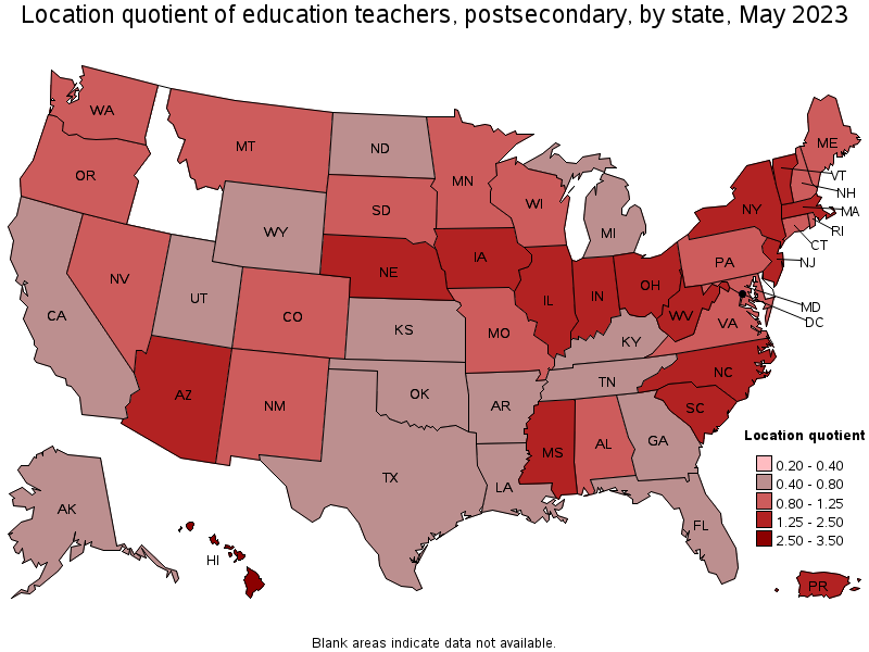 Map of location quotient of education teachers, postsecondary by state, May 2023