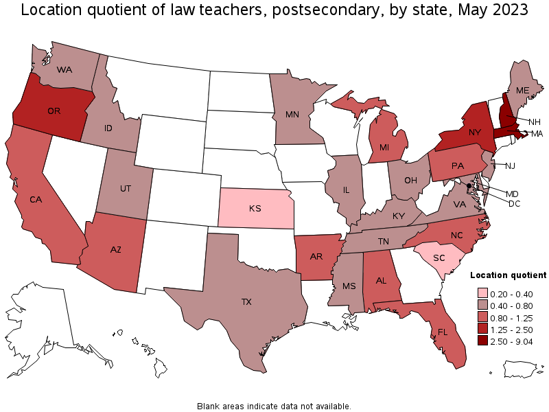 Map of location quotient of law teachers, postsecondary by state, May 2023