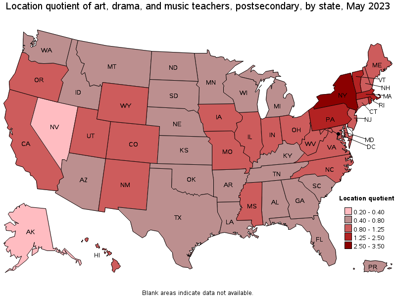 Map of location quotient of art, drama, and music teachers, postsecondary by state, May 2023