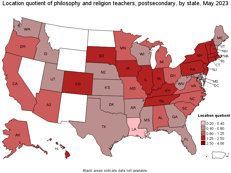 Map of location quotient of philosophy and religion teachers, postsecondary by state, May 2023