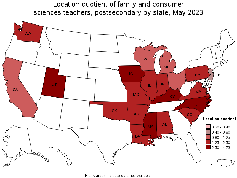 Map of location quotient of family and consumer sciences teachers, postsecondary by state, May 2023