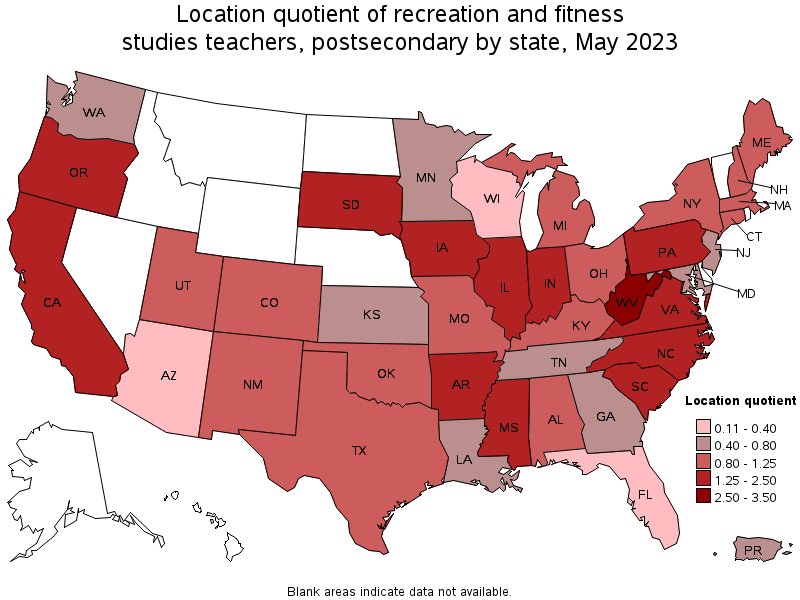 Map of location quotient of recreation and fitness studies teachers, postsecondary by state, May 2023