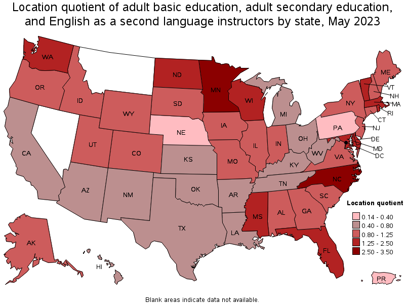 Map of location quotient of adult basic education, adult secondary education, and english as a second language instructors by state, May 2023