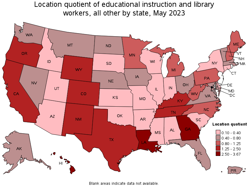 Map of location quotient of educational instruction and library workers, all other by state, May 2023