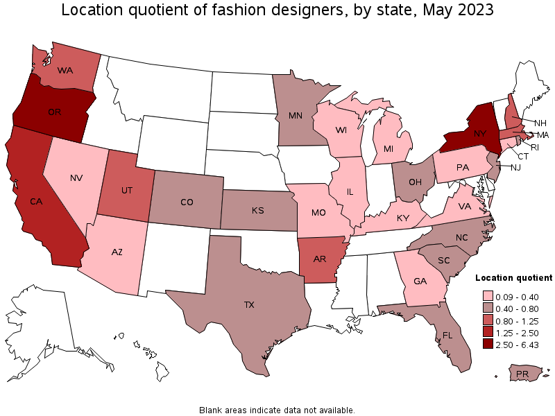 Map of location quotient of fashion designers by state, May 2023