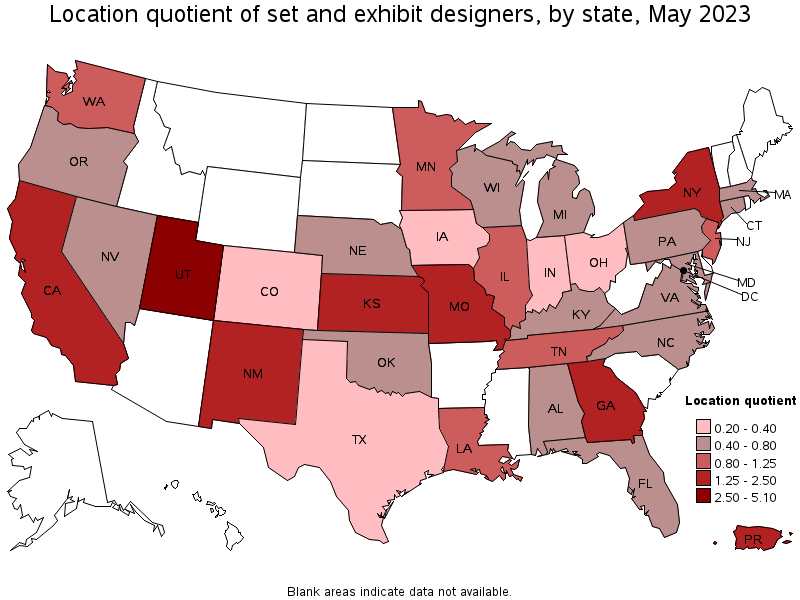 Map of location quotient of set and exhibit designers by state, May 2023