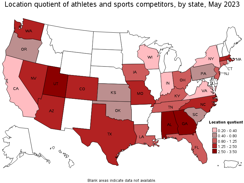 Map of location quotient of athletes and sports competitors by state, May 2023