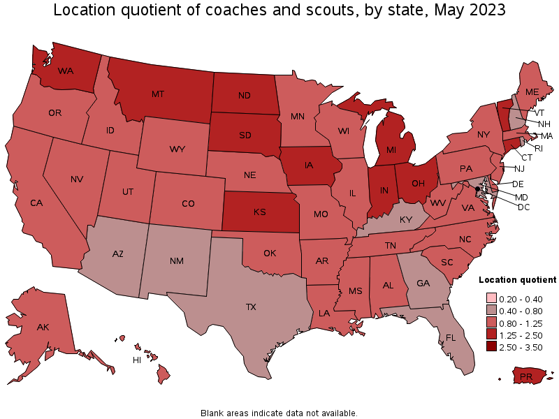 Map of location quotient of coaches and scouts by state, May 2023