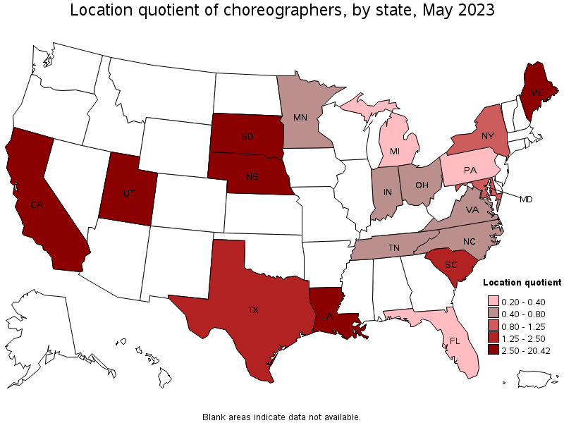 Map of location quotient of choreographers by state, May 2023
