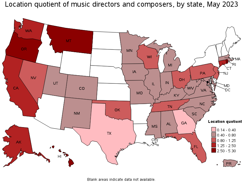 Map of location quotient of music directors and composers by state, May 2023