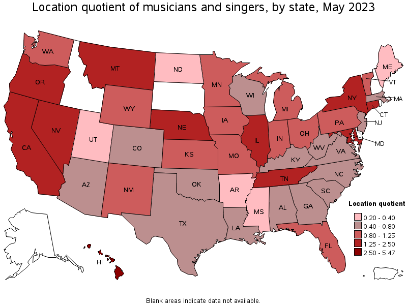 Map of location quotient of musicians and singers by state, May 2023