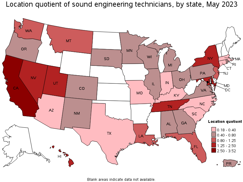 Map of location quotient of sound engineering technicians by state, May 2023