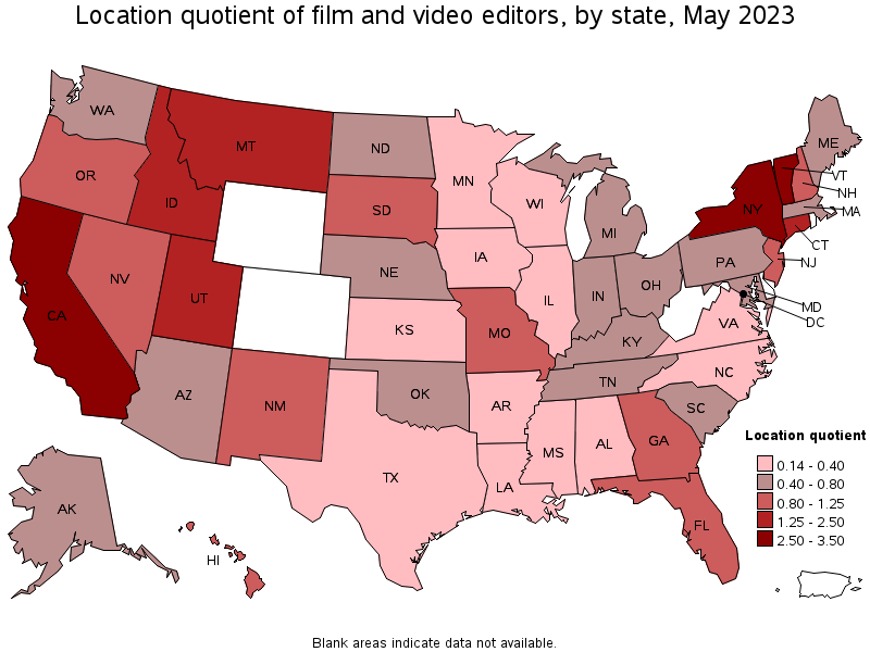 Map of location quotient of film and video editors by state, May 2023