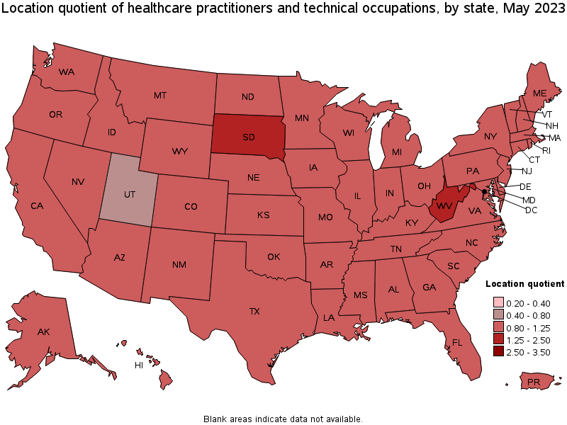 Map of location quotient of healthcare practitioners and technical occupations by state, May 2023