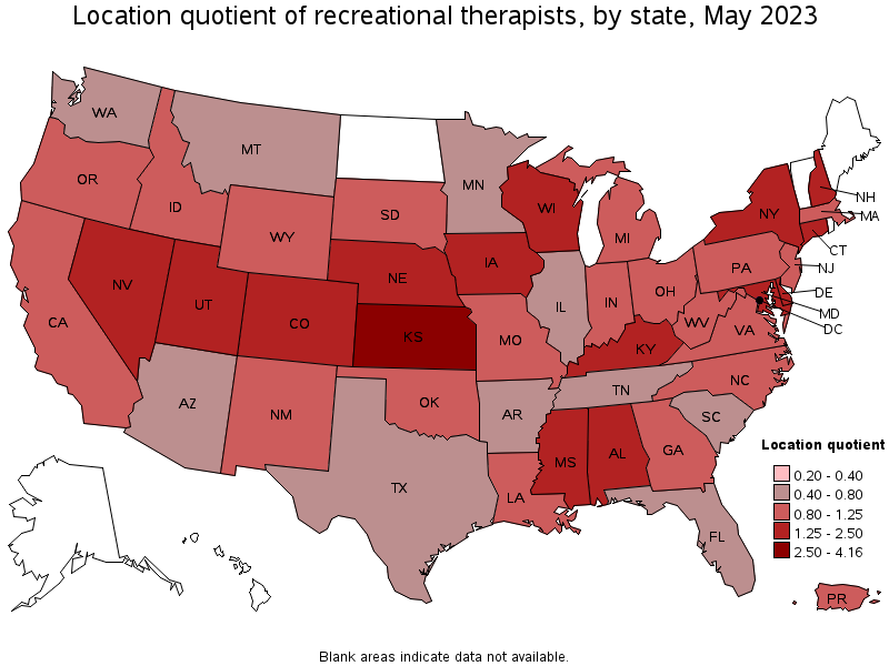 Map of location quotient of recreational therapists by state, May 2023