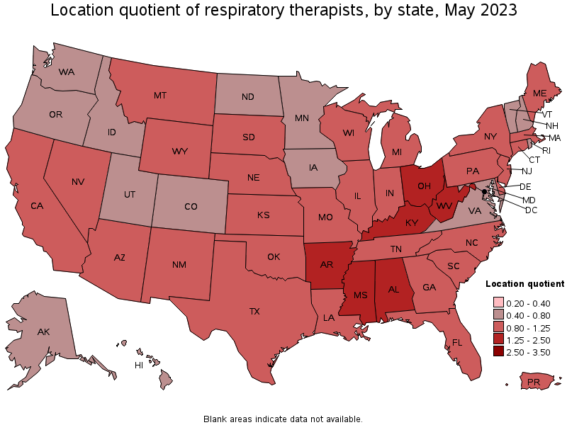 Map of location quotient of respiratory therapists by state, May 2023