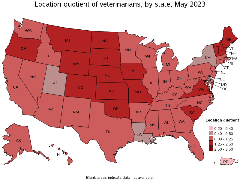 Map of location quotient of veterinarians by state, May 2023