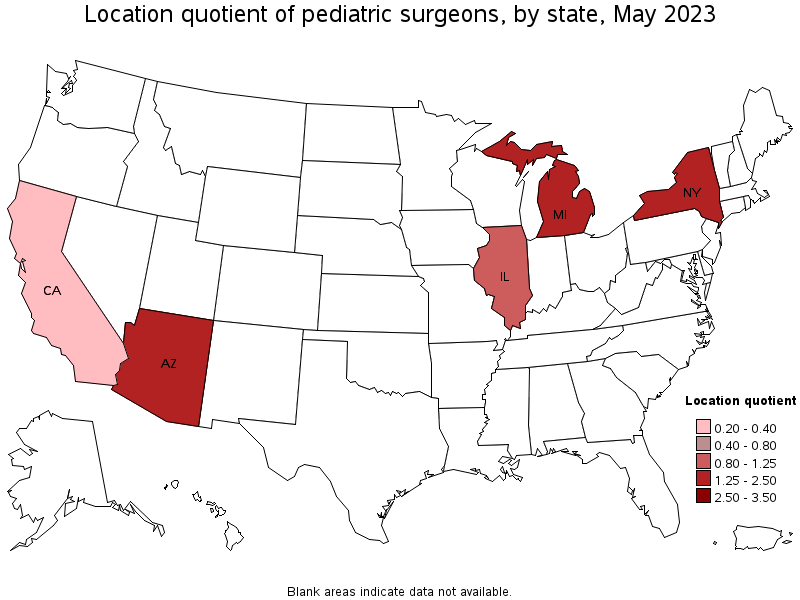 Map of location quotient of pediatric surgeons by state, May 2023