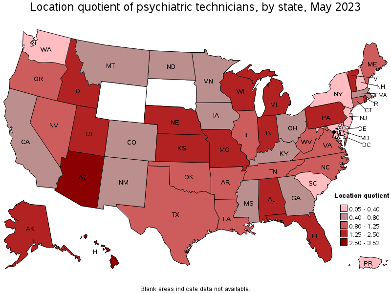 Map of location quotient of psychiatric technicians by state, May 2023