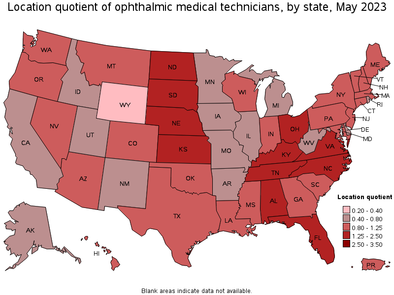 Map of location quotient of ophthalmic medical technicians by state, May 2023