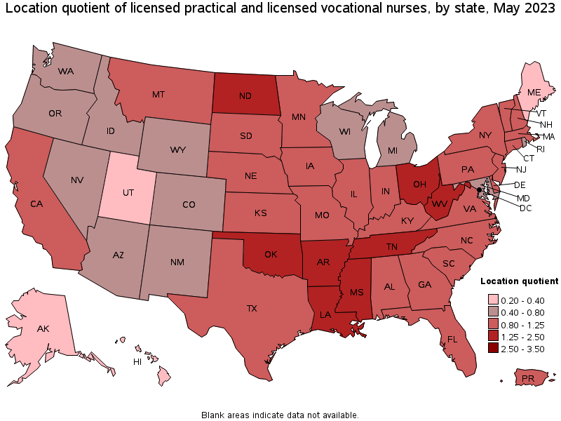 Map of location quotient of licensed practical and licensed vocational nurses by state, May 2023