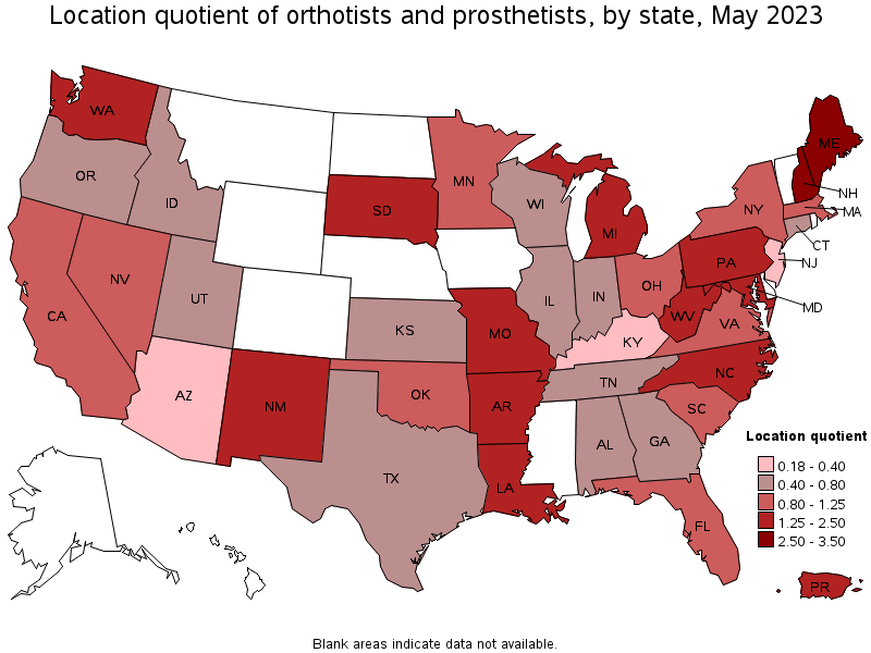 Map of location quotient of orthotists and prosthetists by state, May 2023