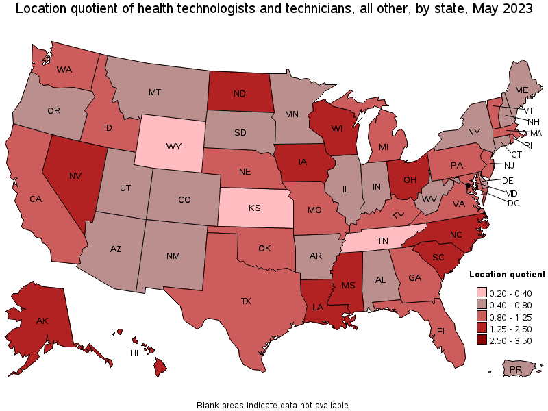 Map of location quotient of health technologists and technicians, all other by state, May 2023