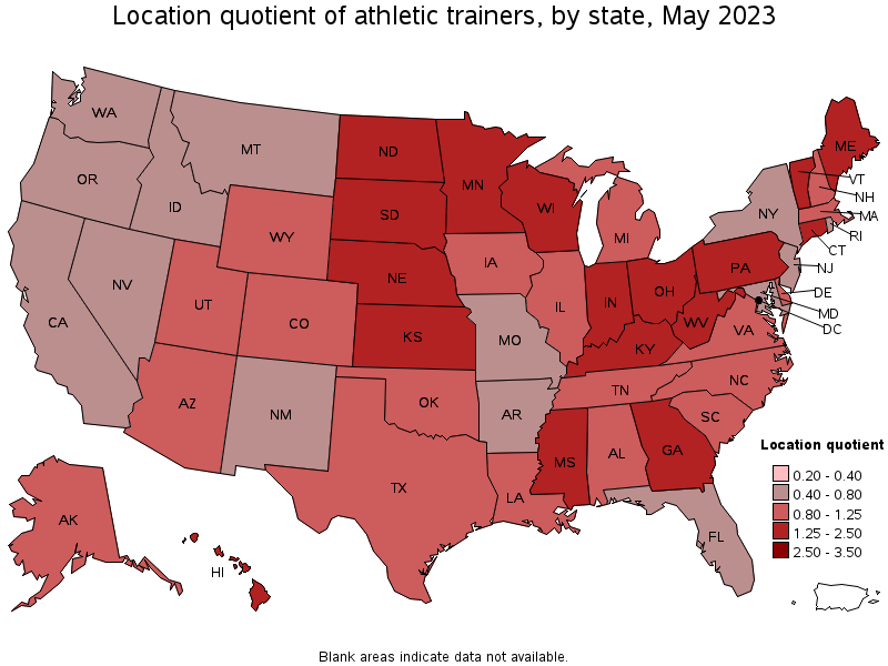 Map of location quotient of athletic trainers by state, May 2023