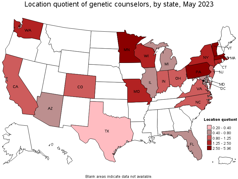 Map of location quotient of genetic counselors by state, May 2023