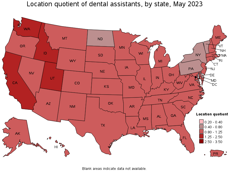 Map of location quotient of dental assistants by state, May 2023