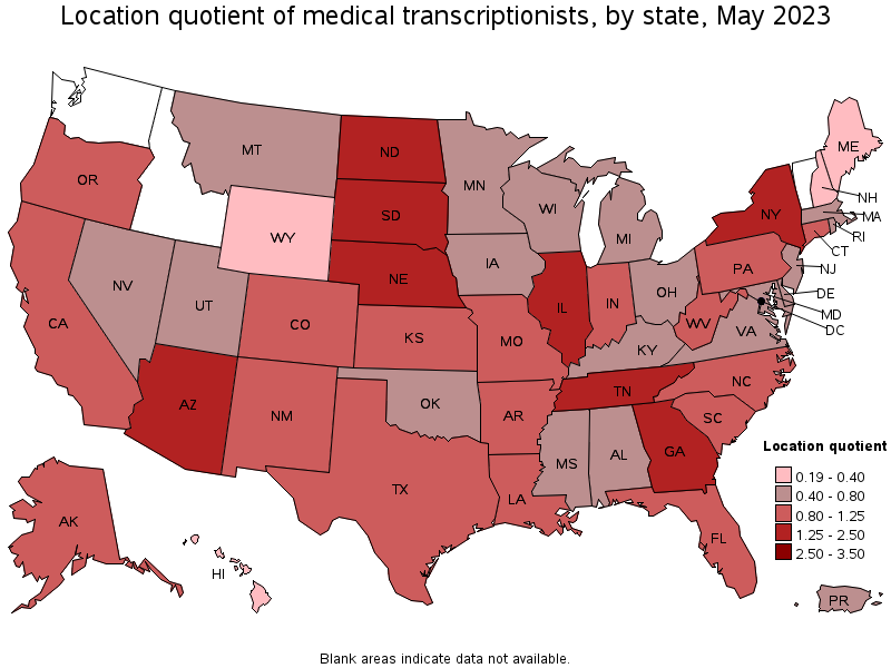 Map of location quotient of medical transcriptionists by state, May 2023