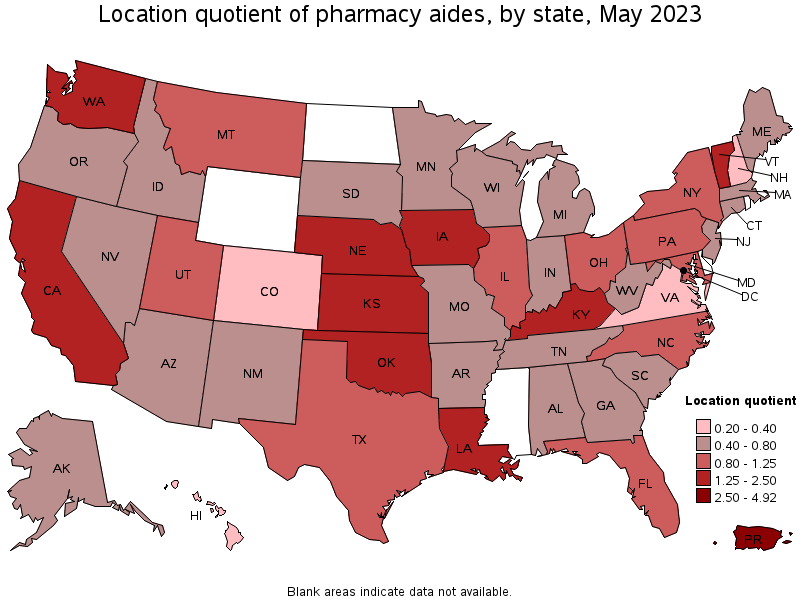 Map of location quotient of pharmacy aides by state, May 2023
