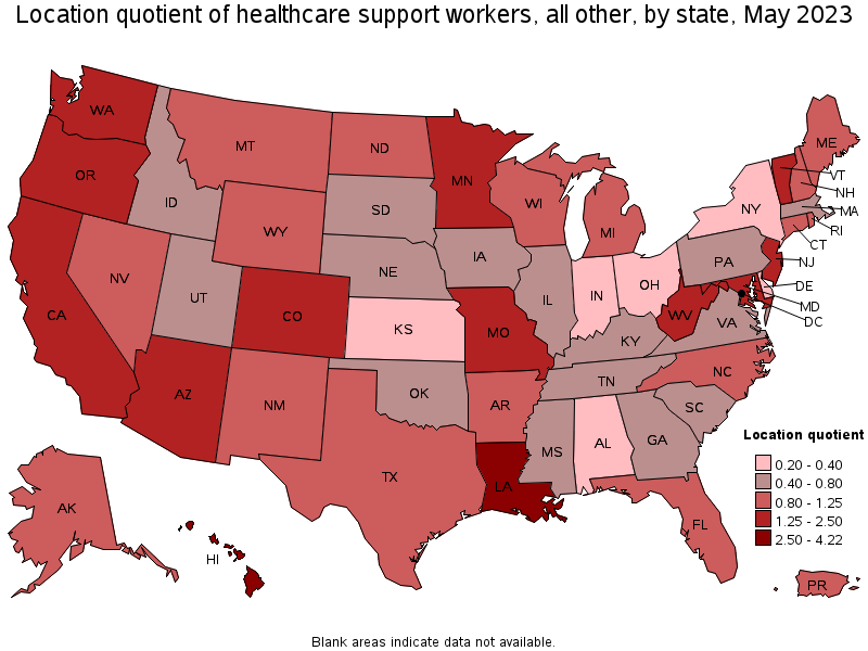 Map of location quotient of healthcare support workers, all other by state, May 2023