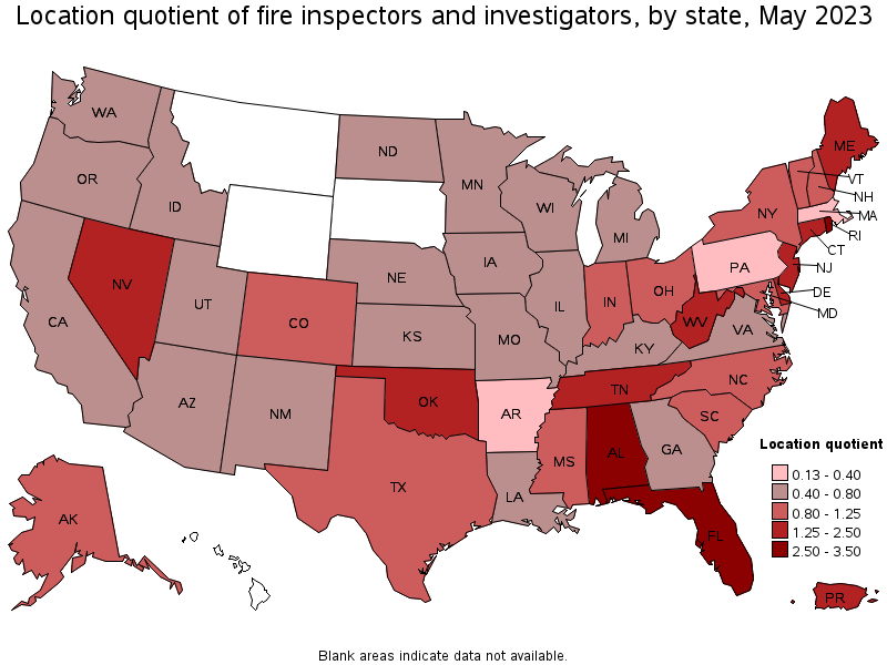 Map of location quotient of fire inspectors and investigators by state, May 2023
