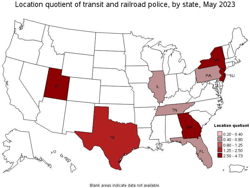 Map of location quotient of transit and railroad police by state, May 2023