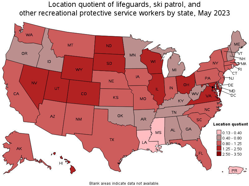 Map of location quotient of lifeguards, ski patrol, and other recreational protective service workers by state, May 2023
