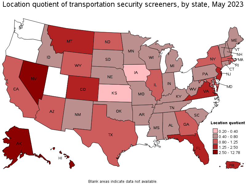 Map of location quotient of transportation security screeners by state, May 2023