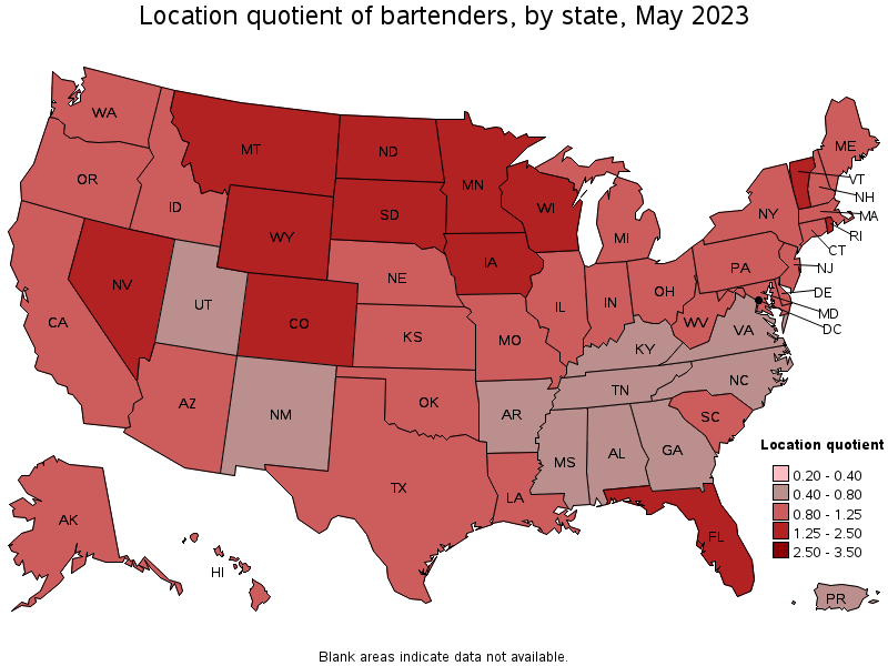 Map of location quotient of bartenders by state, May 2023