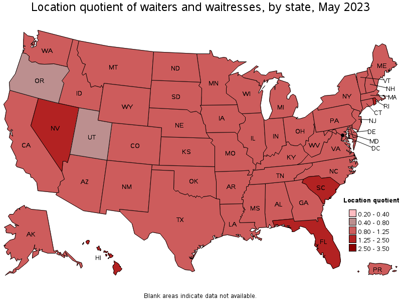 Map of location quotient of waiters and waitresses by state, May 2023