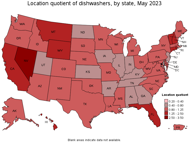 Map of location quotient of dishwashers by state, May 2023