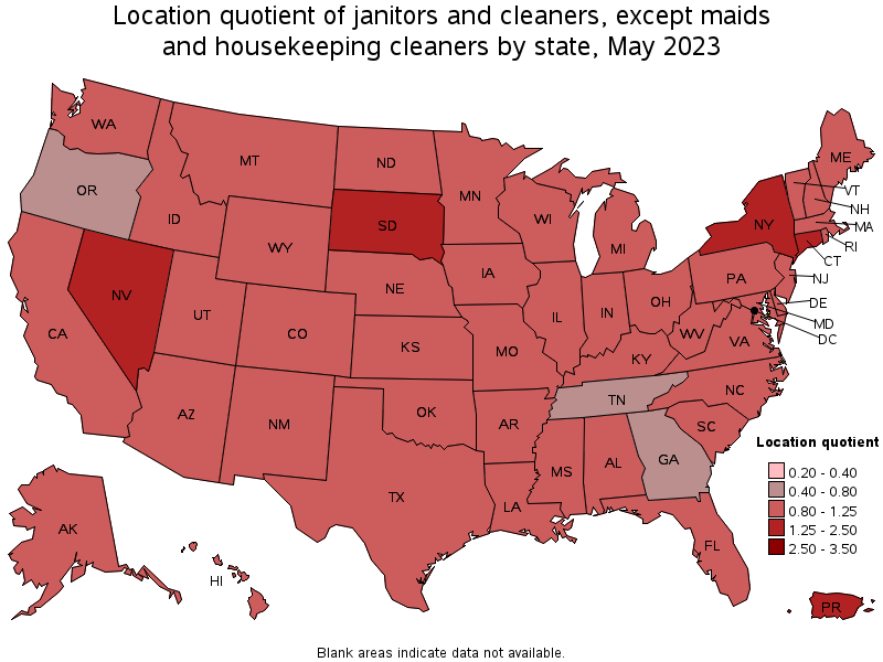 Map of location quotient of janitors and cleaners, except maids and housekeeping cleaners by state, May 2023