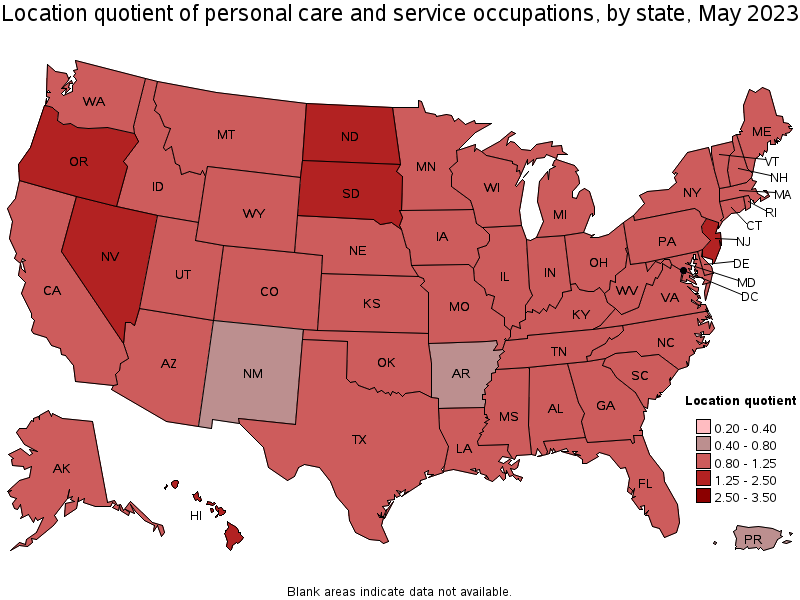 Map of location quotient of personal care and service occupations by state, May 2023