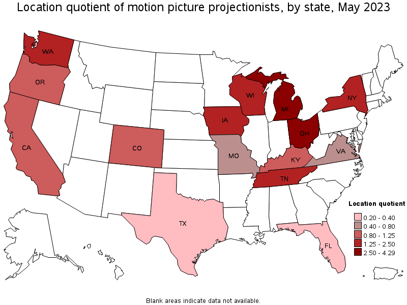 Map of location quotient of motion picture projectionists by state, May 2023