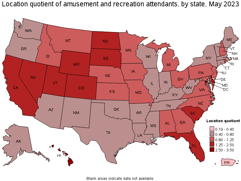 Map of location quotient of amusement and recreation attendants by state, May 2023