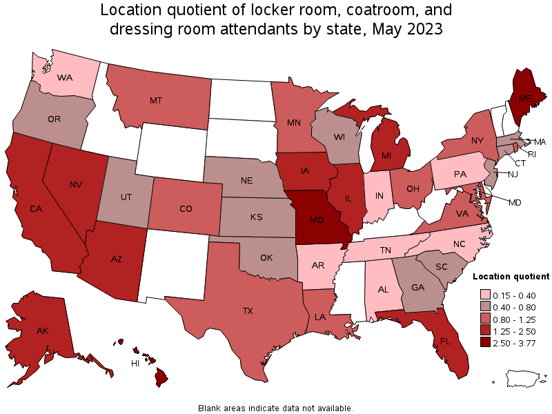 Map of location quotient of locker room, coatroom, and dressing room attendants by state, May 2023